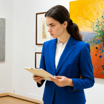 A professional female art critic, fully clothed in a modest business suit and appropriate attire, stands thoughtfully in a modern art gallery. She is observing a vibrant abstract painting on a clean white wall. She holds a small notebook and pen, with a focused and contemplative expression, maintaining a natural pose. The scene is bright and well-lit, emphasizing the art and the critic's engagement. Perfect anatomy, correct proportions, well-formed hands, proper finger count, natural body proportions. Safe for work, appropriate content, fully clothed, professional, modest, high-quality professional photography.