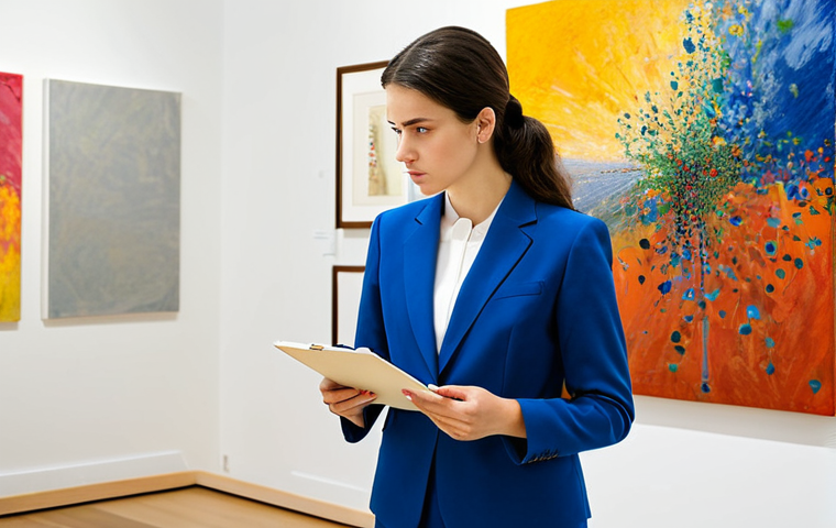 A professional female art critic, fully clothed in a modest business suit and appropriate attire, stands thoughtfully in a modern art gallery. She is observing a vibrant abstract painting on a clean white wall. She holds a small notebook and pen, with a focused and contemplative expression, maintaining a natural pose. The scene is bright and well-lit, emphasizing the art and the critic's engagement. Perfect anatomy, correct proportions, well-formed hands, proper finger count, natural body proportions. Safe for work, appropriate content, fully clothed, professional, modest, high-quality professional photography.