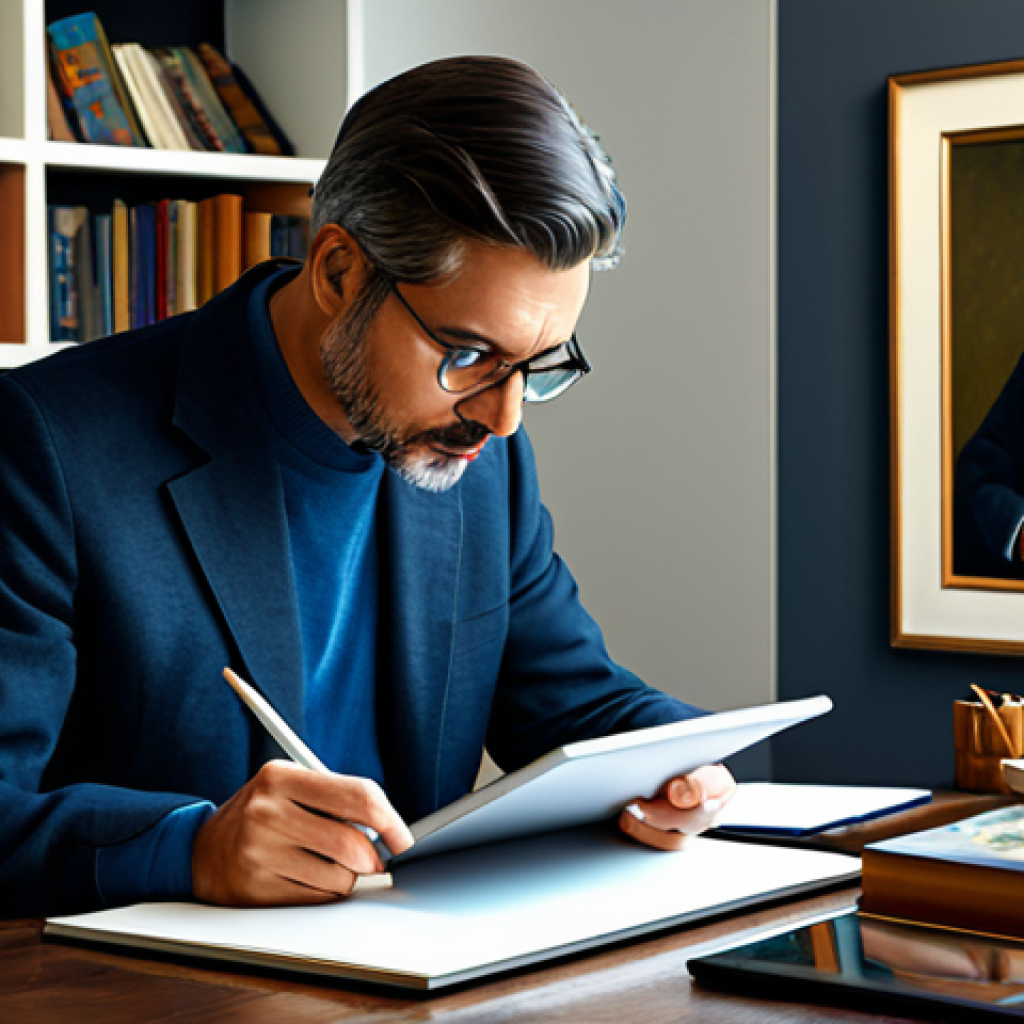 미술평론가 직업의 윤리적 책임 - Art Critic at Work**

A professional art critic in a well-lit study, surrounded by art books, though...