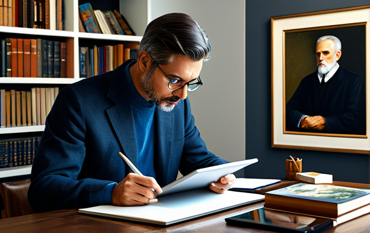 미술평론가 직업의 윤리적 책임 - Art Critic at Work**

A professional art critic in a well-lit study, surrounded by art books, though...