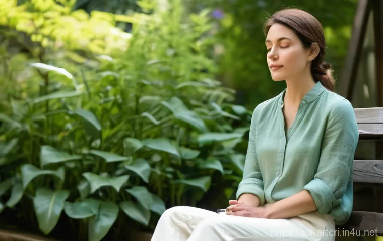 미술평론가를 위한 자기 관리법 - A serene female art critic, in her mid-30s, with a gentle expression, wearing comfortable and stylis...