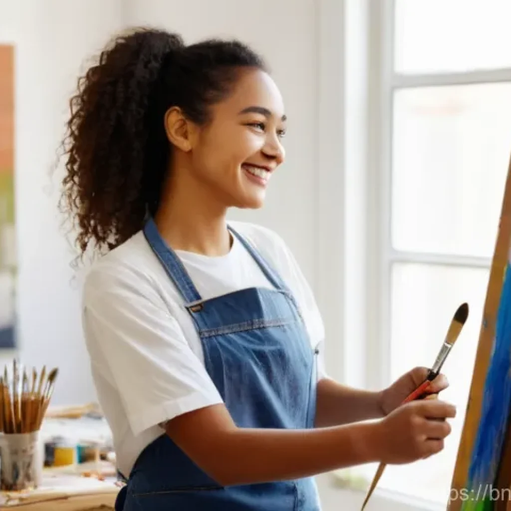 미술평론가로서의 글쓰기 스타일 - A vibrant, naturally lit artist's studio. A young, smiling woman of diverse ethnicity, aged in her l...