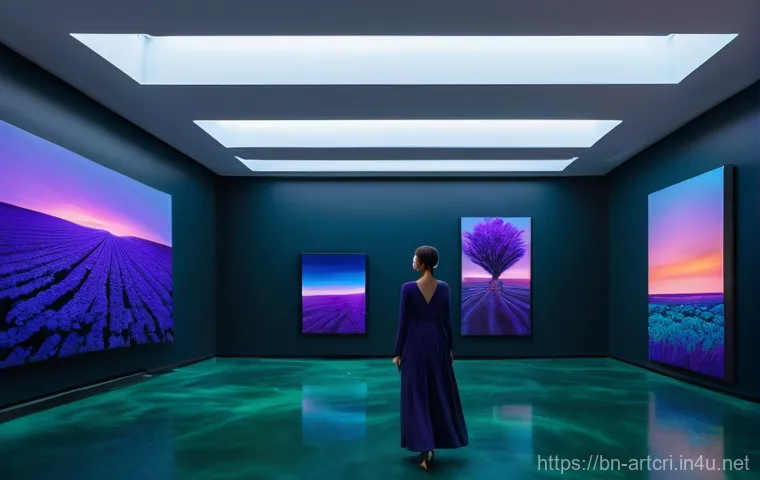 미술평론가로서의 글쓰기 스타일 - Three diverse children, aged approximately 7-9, excitedly exploring an interactive, futuristic art e...