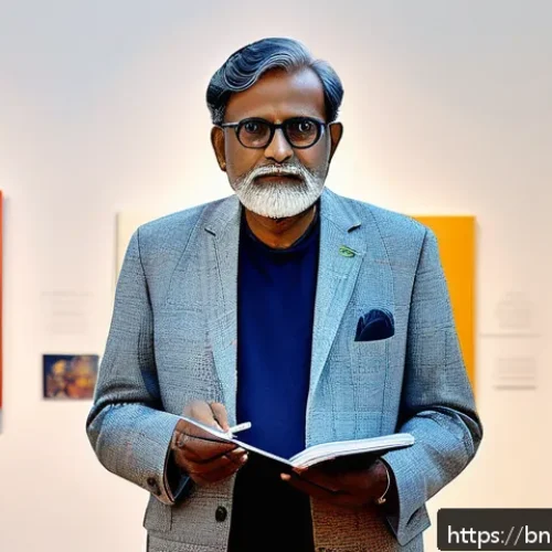 미술평론가 커리어 설계의 중요성 - A detailed and vibrant scene of a Bengali art critic at a contemporary art exhibition, attentively o...