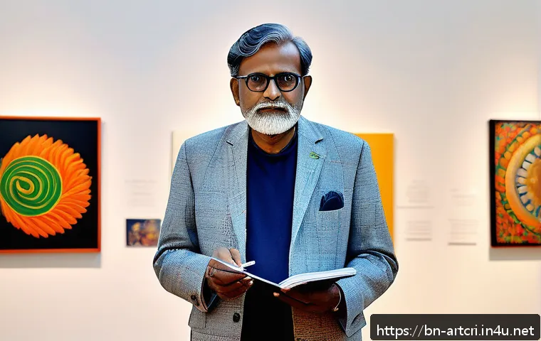 미술평론가 커리어 설계의 중요성 - A detailed and vibrant scene of a Bengali art critic at a contemporary art exhibition, attentively o...