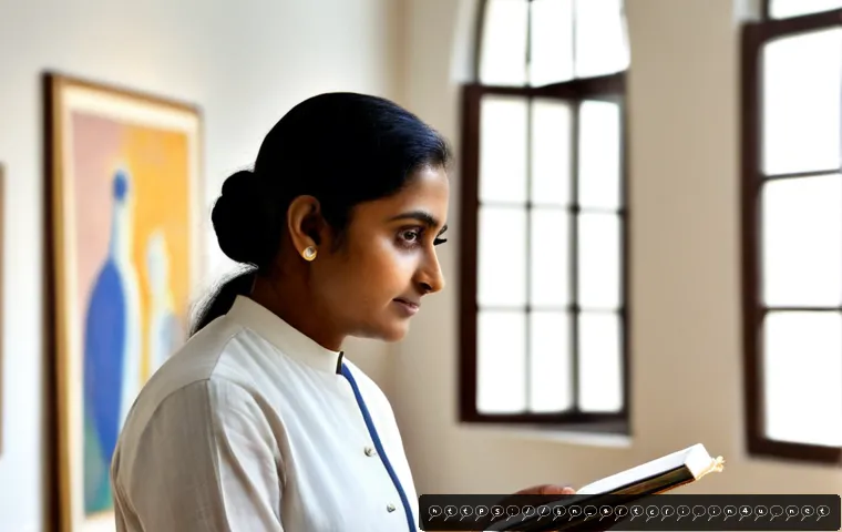 Home 17 미술평론가 분야별 전문성 개발 - Photorealistic Bengali art critic studying a contemporary painting in a quiet museum gallery, though...